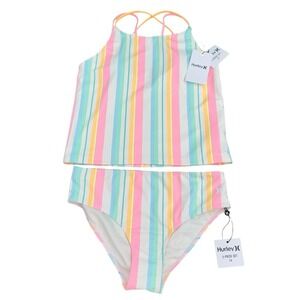 NEW Hurley 2pc Swimsuit Striped Tankini Pale Ivory Multi Girls Size 14 Vacation
